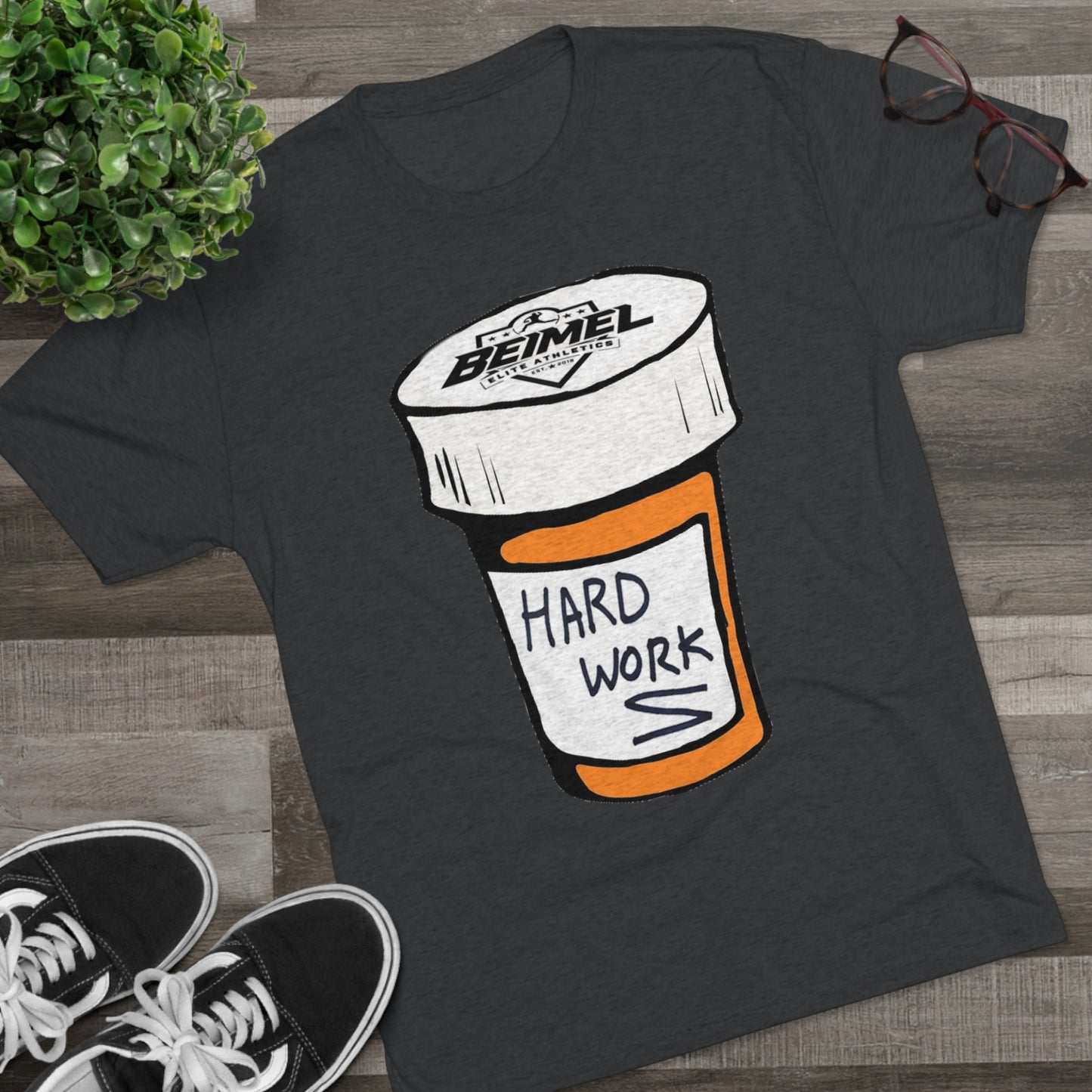 Hard Work Pill Bottle Unisex Tri-Blend Crew Tee