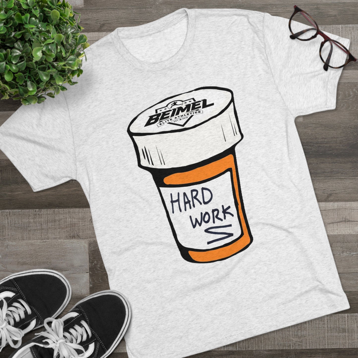 Hard Work Pill Bottle Unisex Tri-Blend Crew Tee