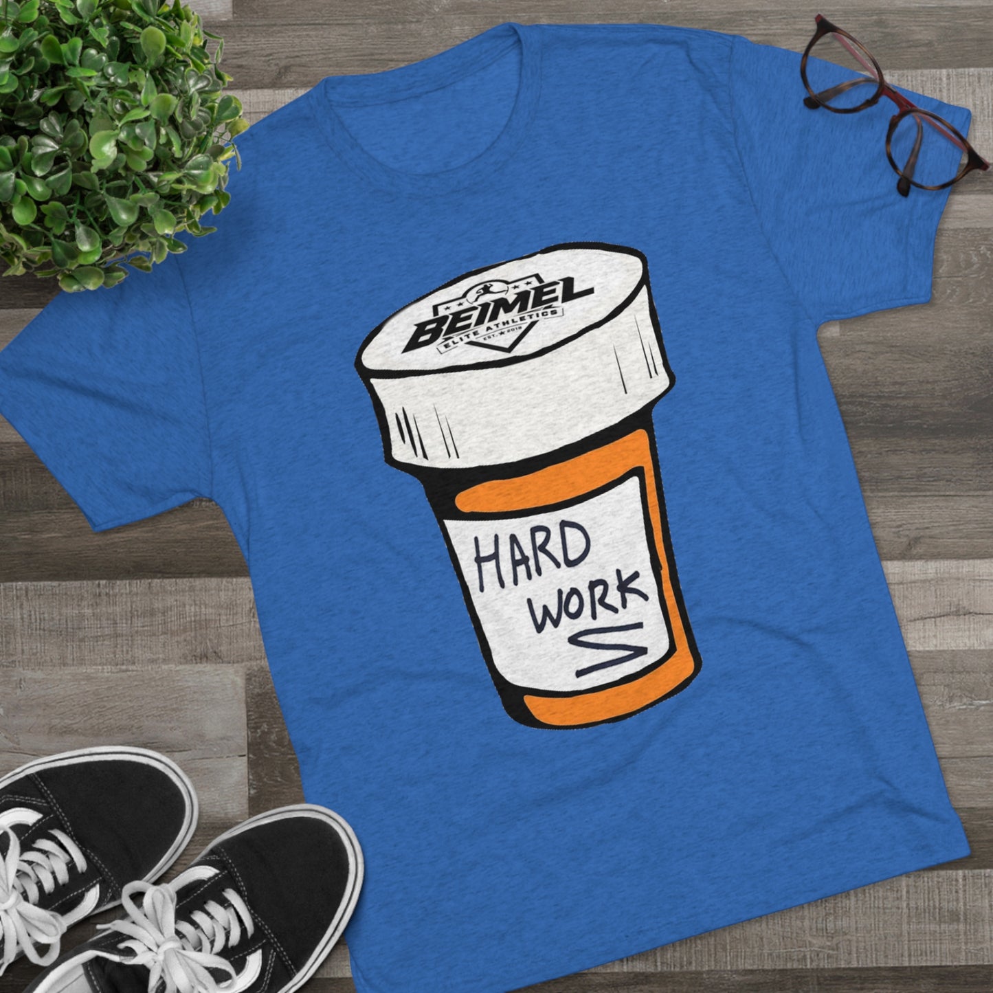 Hard Work Pill Bottle Unisex Tri-Blend Crew Tee