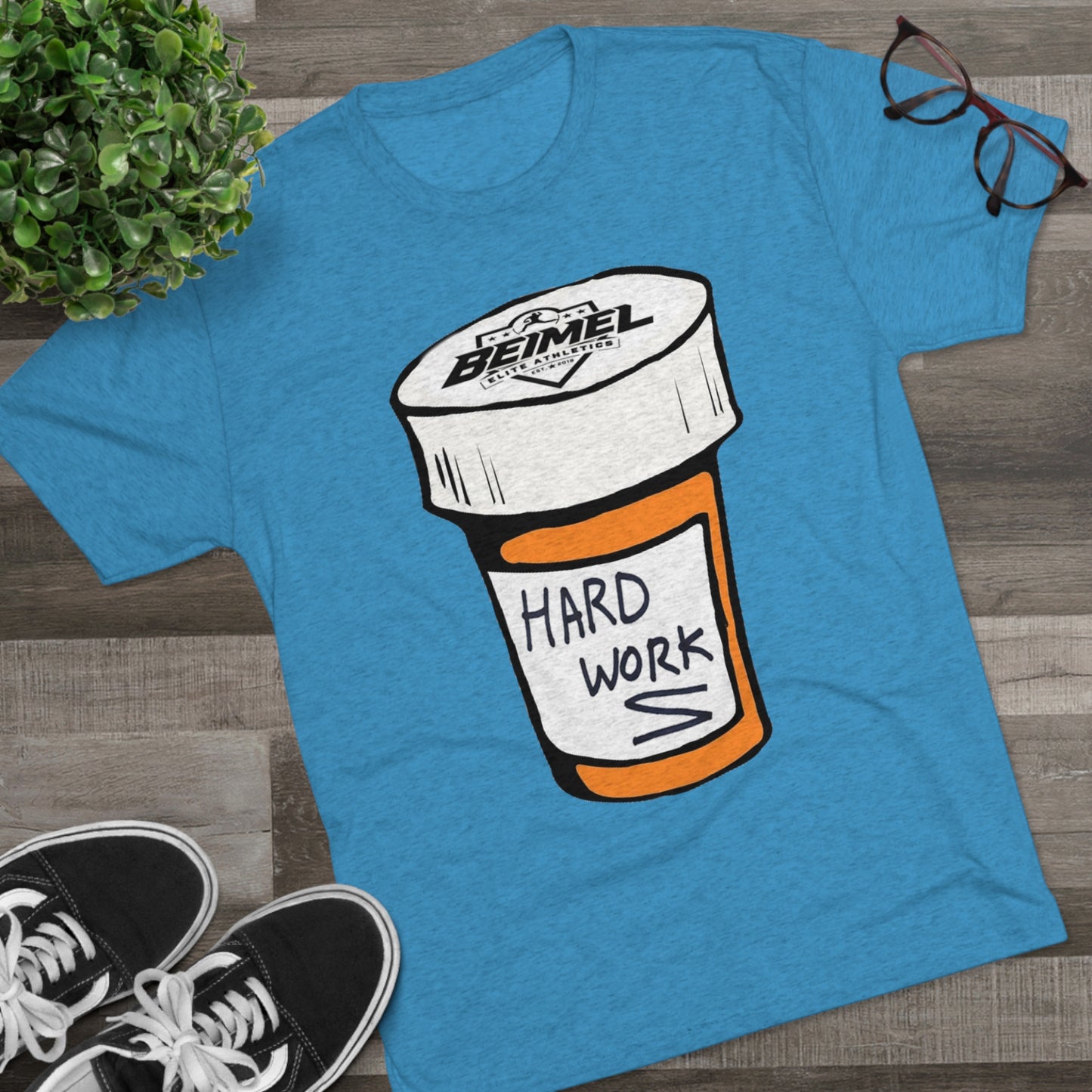 Hard Work Pill Bottle Unisex Tri-Blend Crew Tee