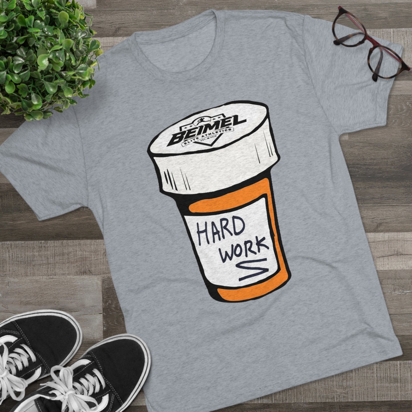 Hard Work Pill Bottle Unisex Tri-Blend Crew Tee